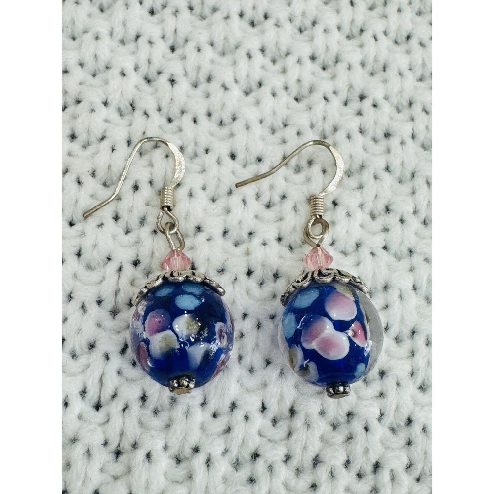 Vintage Murano Style Blue Floral Lampwork Glass Bead Dangle Drop Earrings